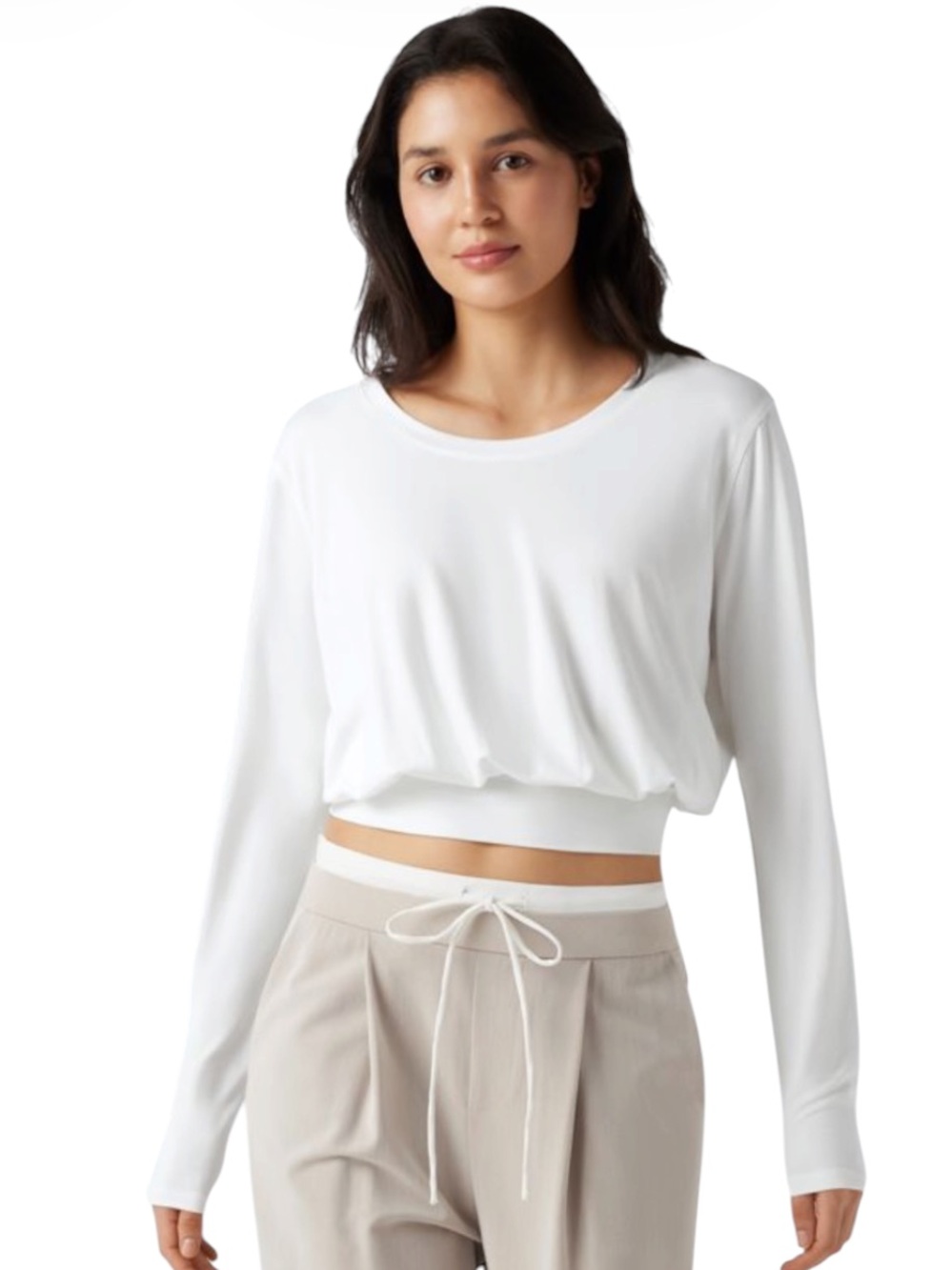 HALARA White Long Sleeve Ruched Crewneck Crop Top Size S NWT
